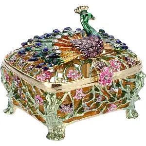 Mini Peacock Trinket Box,  Metal Enameled Decorative Box Ring Earrings  Organizer  Box for Girl Women