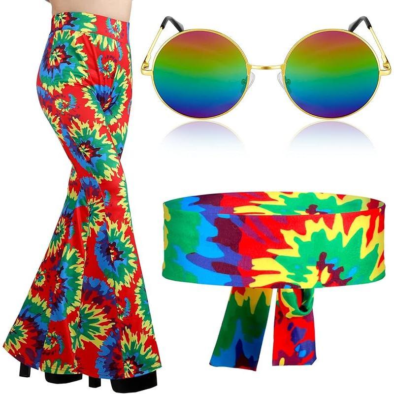 3 Pcs 60s 70s Outfit for Women Hippie Costume Set Disco Flared Pants Groovy Outfit Party Accessories Clothes Womenswear Dress Floral Headband Matching