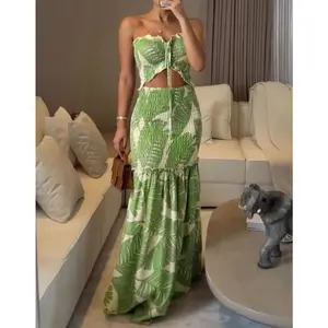 2026Women Summer Floral Print Strapless Dress Ruched Lace Ruffle Hem Slim Wedding Guest Party Vacation Dress