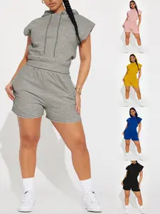 Women's Spring Summer Fashion Casual Plain Hoodie Set Two-Piece, Adjustable, Drawstring Design, Elastic Waist, Short Sleeve, Regular Length, Suits