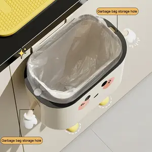Cute Cartoon Hanging Trash Can | White Square Plastic Trash Can with Hooks, Space-Saving Storage and Organization for Kitchen and Bathroom