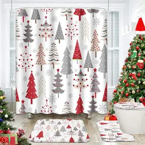 4 Pcs Shower Curtain Set Christmas Trees Red Doodle Holly with Non-Slip Rugs Toilet Lid Cover and Bath Mat Bathroom Decoration Accessories Bathroom Decor Set