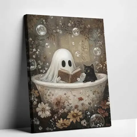 Cozy Spooky Ghost Canvas Painting - Creative Design Print with Creepy Cute Black Cat Animal, Floral Bathtub, Soft Floral Accents - Easy Wall-Hang Indoor Halloween Decor, Ghost Decor Halloween, Display for Bedroom