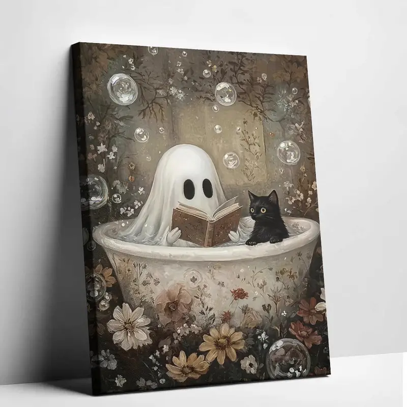 Cozy Spooky Ghost Canvas Painting - Creative Design Print with Creepy Cute Black Cat Animal, Floral Bathtub, Soft Floral Accents - Easy Wall-Hang Indoor Halloween Decor, Ghost Decor Halloween, Display for Bedroom