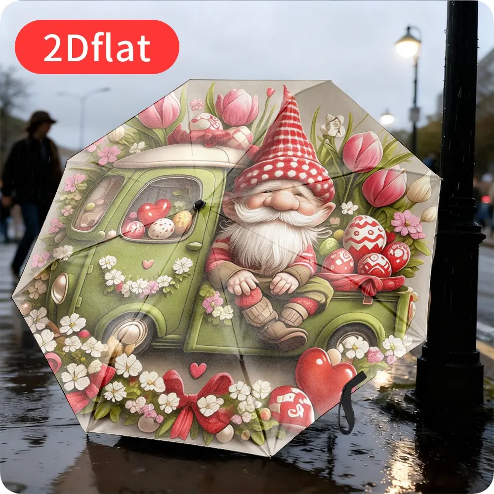 An Easter-themed folding umbrella featuring adorable cartoon sprites and colorful Easter egg designs, adorned with floral and heart-shaped decorations. Lightweight and portable, perfect for travel, commuting, and