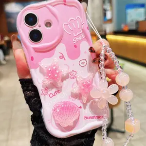 Gradient Cartoon Accessories Flower Chain Painted Cream Wave Print Phone Case, Starfish Shell Sticker, New for iPhone 15 14 XR 7 8 P12 XS Cover