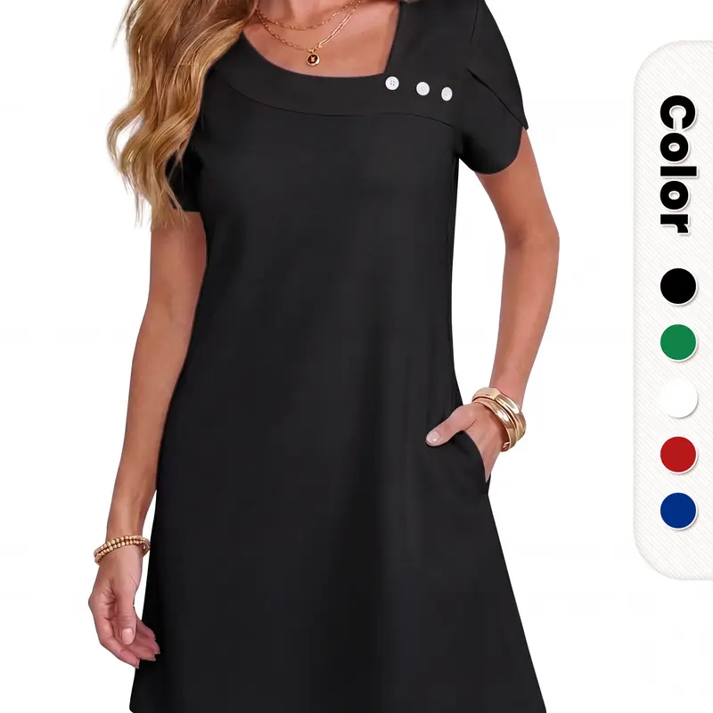 VICHYIE Women's Elegant Minimalist Short-Sleeve T-Shirt Shift Dress - Basic Business Casual Loose-Fit Mini Dress with Button Pockets for Office & Daily Wear, Shortsleeve, Tshirt