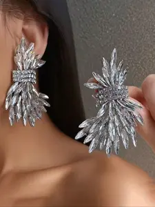 Leaf Shape Wedding Earrings, Sparkling Full Diamond Wheat Ear Cuffs, High-End Crystal Jewelry for Luxurious Parties & Daily Wear