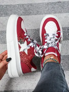 Women's  Fashion Trend Shiny Sequin Removable Butterfly Skull Decoration Casual Sneakers, Star Pattern Platform Breathable Low Top Skateboard Shoes, Suitable for Halloween Christmas Gifts, Black Friday Carnival, Vacation Travel, Party, Daily Wear, Work