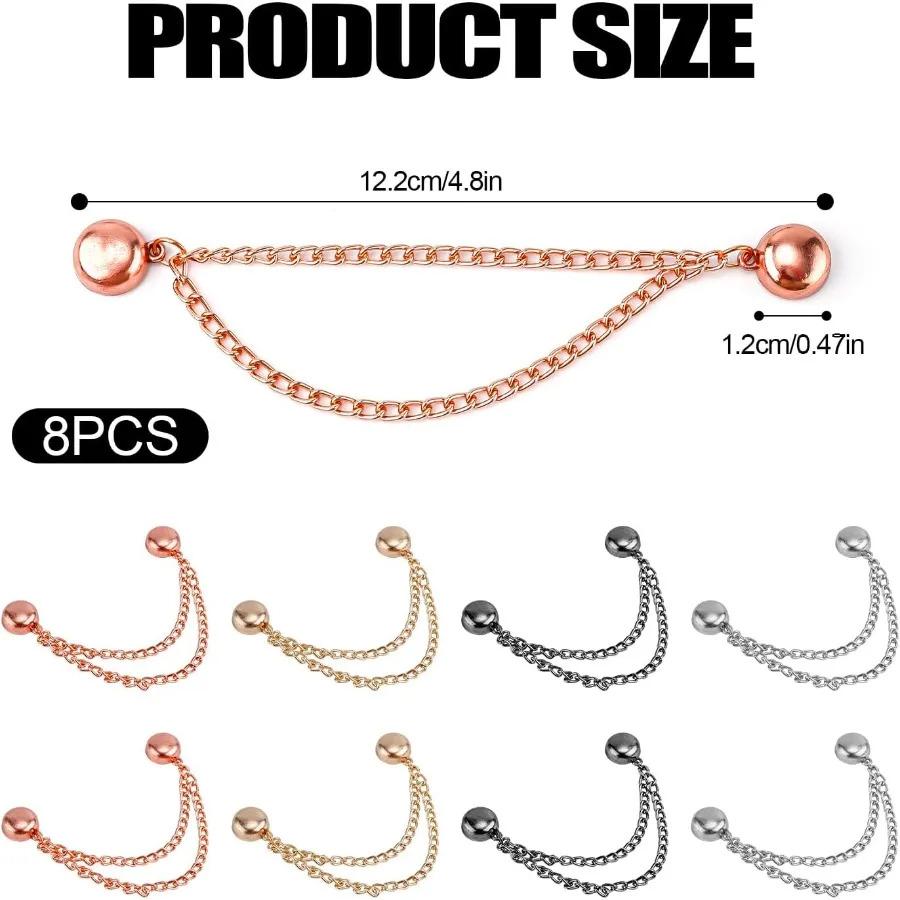 8 Pack Multi-Function Magnetic Clothing Clips with Chain, Metal Button Fixing Pins for Scarf Trouser Skirt Leg Cuff Shirt