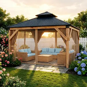 YJ-Garvee Hardtop Gazebo 10x12 ft Wooden Pergola with Sturdy Spruce Frame, Double Galvanized Steel Roof, Netting & Curtains, Weather-Resistant Outdoor Patio Pergola for Garden, Deck, Lawn, Parties