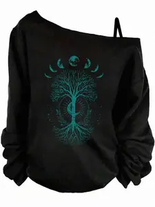 Women's Off-Shoulder Slouchy Sweatshirt, Moon Phase Tree of Life Print, Oversized Pullover, Boho Occult Graphic, Spring&fall, Bohemian