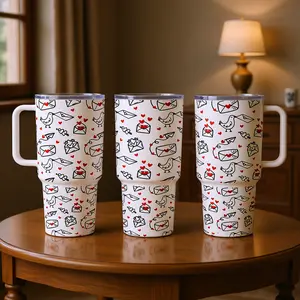 40oz Insulated Stainless Steel Tumbler with Handle & Lid – Valentine Love Letters & Hearts Pattern, Cute Romantic Gift for Her, Hot & Cold Travel Cup