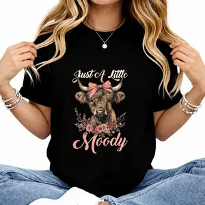 Women's Short-Sleeve Fitted Round Neck Casual T-Shirt - Summer Fabric with "Just A Little Moody Flower" Digital Print, Funny Highland Cow Farm Theme Top for Lady summerwins