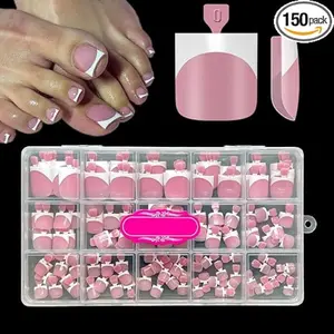 150pcs French Tip Toe Nail Press Ons Square Pre-Designed Soft Gel Thick False Toenail Extensions Berry Pink Full Cover Acrylic Toenails 15 Sizes DIY Salon Pedicure Kit