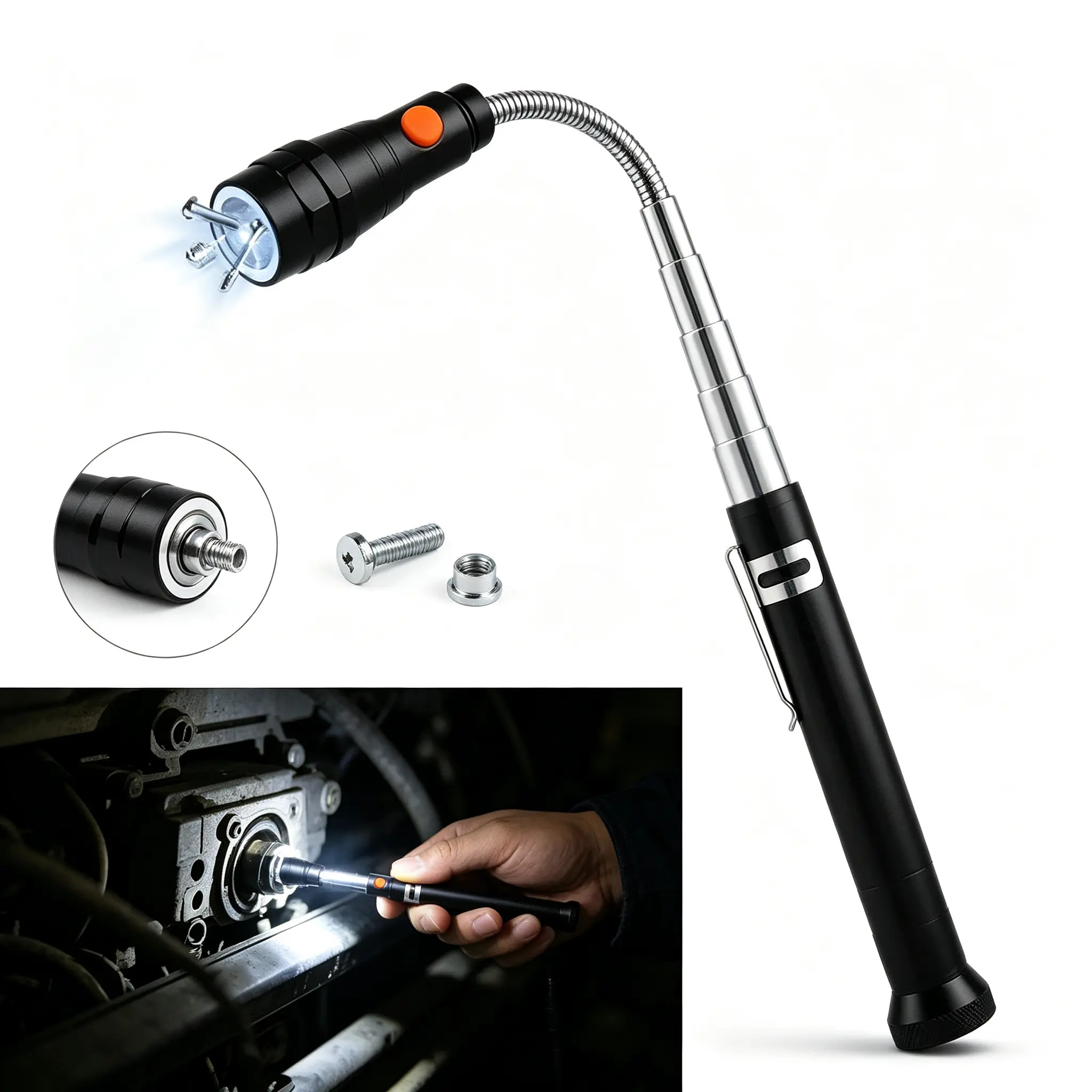 Extendable Magnetic Flashlight Magnet Pickup Tool, Gifts for Men, Telescopic and Flexible Gadget, Birthday Gifts for Men, Dad, Husband, Him, Women, Mechanic, Mens Birthday Gift Ideas
