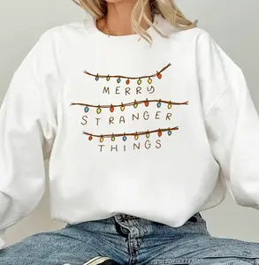 Merry Stranger Things Hoodie, Cozy Winter Soft Sweatshirt with Christmas String Lights Illustration, Holiday Lettering Design, Warm Fan Gift for Movie Lovers