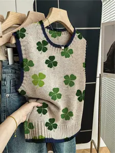 1 Piece Women's Loose Crew Neck Sleeveless Knit Top, Spring Summer Back to School Casual Style, Dark Blue Trim, Contrast Green Leaf Print, For Daily & Outdoor Wear, Match with Vest, Color Block Vest, Womenswear