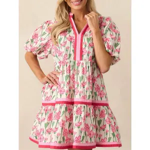 Women Y2K Babydoll Mini Dresses V Neck Puff Sleeve Short Dress Beach Sundress