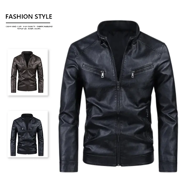 LIFE KEEPS MOVING men’s solid-color zip stand collar faux leather jacket; men’s casual jacket; men’s faux leather jacket; suitable for cold weather; retro cool street fashion piece; men’s leather jacket with zipper; durable outerwear; long-sleeve casual t