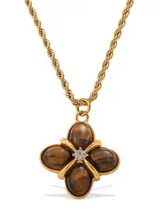 Vintage Tiger Eye Four-Leaf Clover Pendant Necklace, Unique Design High-Quality Chain, Fashionable Jewelry for Women