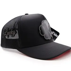Lucky Clover Acrylic Badge Hat – Black Mesh Snapback with Red Undertone | High Crown 5 Panel Trucker Cap | Ranchero Chido Premium Headwear