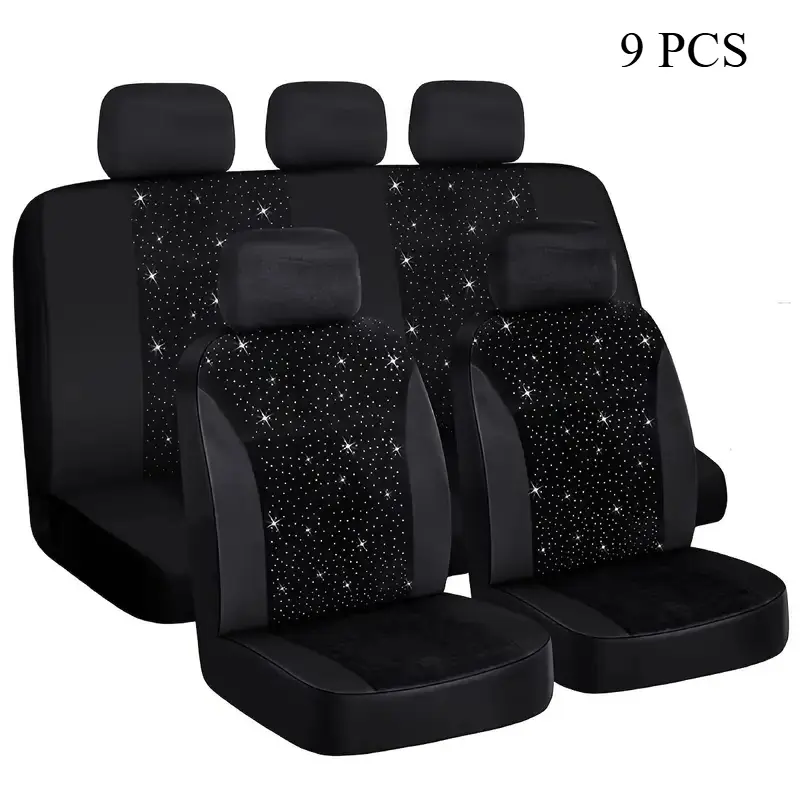 Diamond Black Car Seat Covers 9PCS 5 Seater Breathable Polyester All Season Comfort Stylish Design for Cars SUVs Trucks