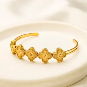Gold - Adjustable Clover Costume Jewelry Bracelet, Fashion Accessory for Daily Wear.
