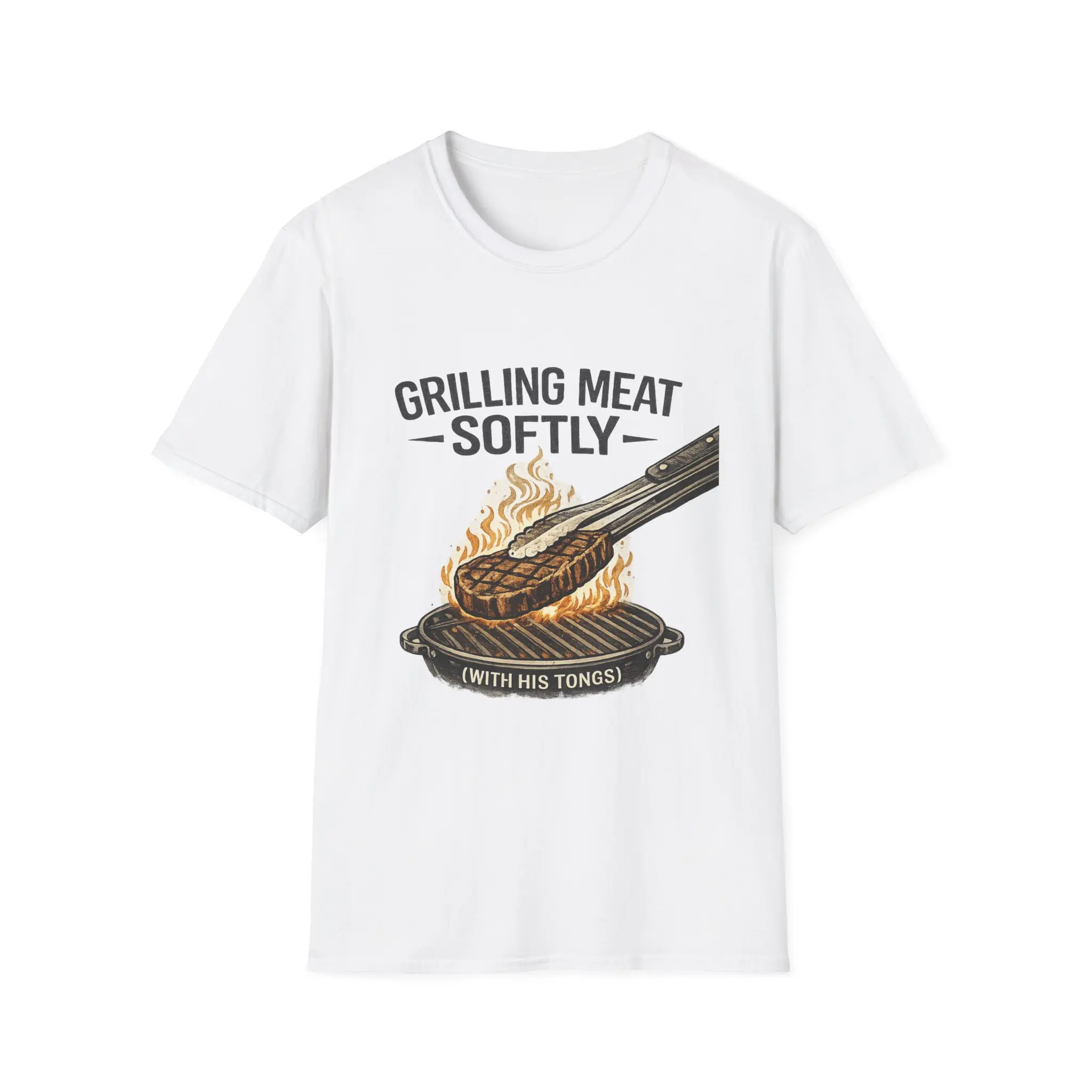 Men's "Grilling Meat Softly" Funny Graphic T-Shirt, Soft Cotton Crewneck, BBQ Father's Day Gift for Dad, Husband, Boyfriend, Funny Gift For Dad, Knit, Ribbed, Breathable Fabric, Ring-Spun Cotton, Bbq Gift Idea
