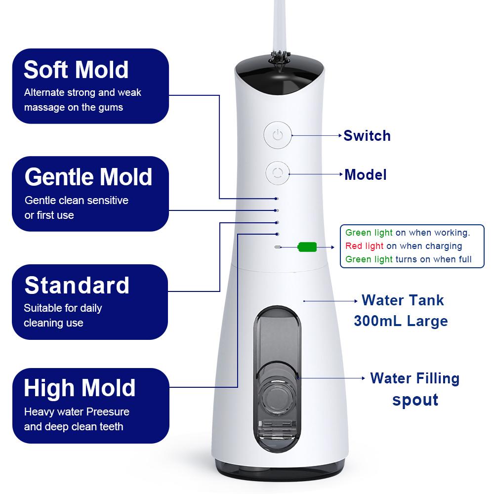 Water Flosser: Rechargeable, oral irrigator, IPX7 waterproof, portable wireless oral irrigator, 300 ml, 5 nozzles, multiple modes, suitable for braces wearers, removes plaque, dental cleaner for home and travel