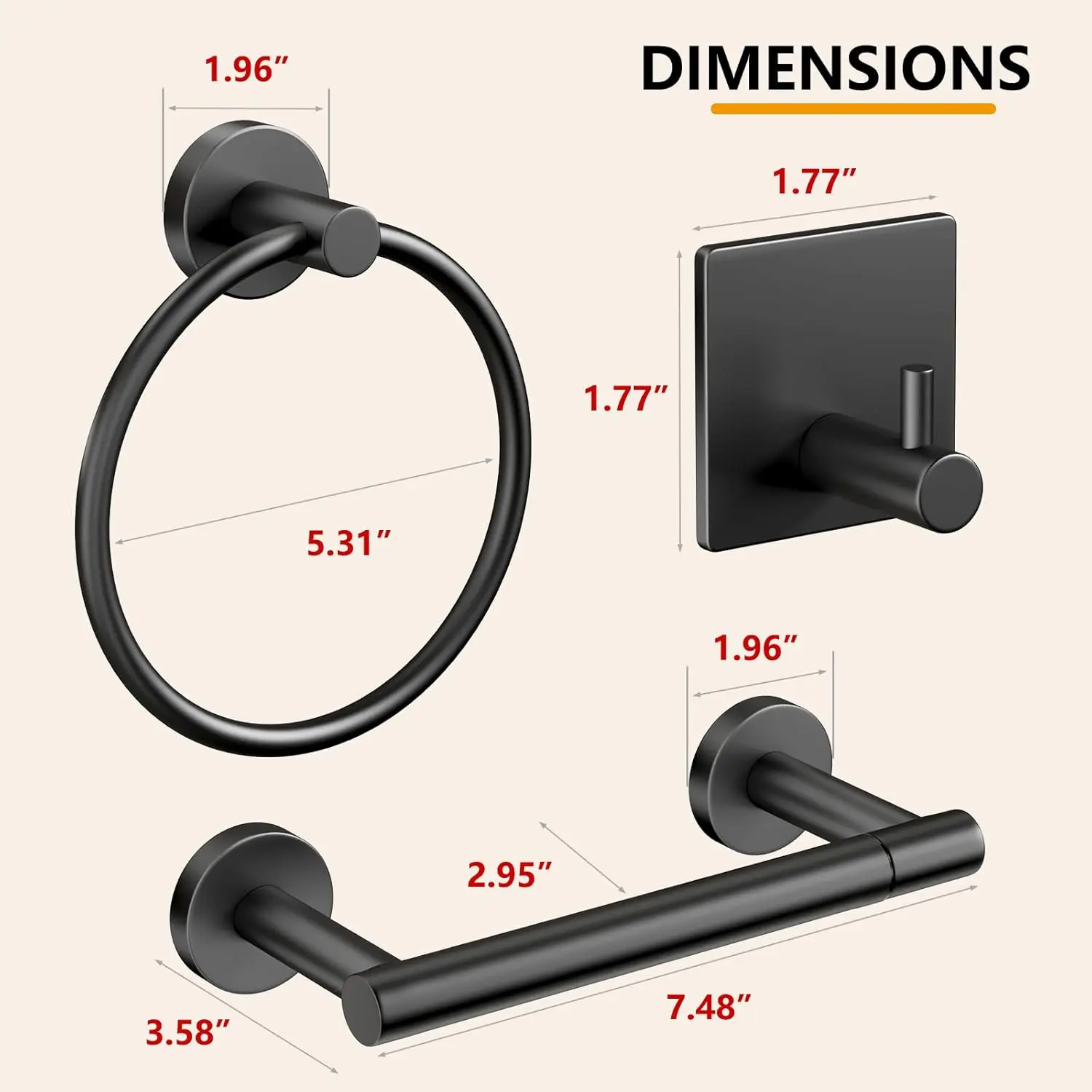 Matte Black Toilet Paper Holder Set – SUS304 Stainless Steel Pivoting Roll Holder With Towel Ring & Robe Hooks, Wall Mount Bathroom Hardware, 3-Piece Set With 2 Free Adhesive Hooks