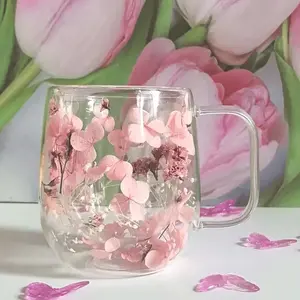 Double Layer Glass Coffee Mug with Real Flower Design, Perfect for Coffee Milk Drinks, Hand Wash Only, Ideal Holiday Gift