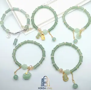 5pcs Green Jade Bamboo Beaded Bracelet Set, Lucky Charm Stretch Bracelets with Peanut, Gourd & Peace Lock Charms, Feng Shui Boho Jewelry for Women, Daily & Gift Wear