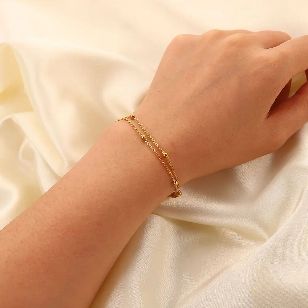 18K Gold Plated Stainless Steel Double-Layer Gold Bead Bracelet, Girlfriend gift, Christmas gift