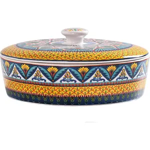 Havana Ceramic Tortilla Warmer, 8.9 Inch Tortilla Holder with Lid for Taco Bread Pancake for Mexican Night and Party, Microwave and Dishwasher Safe