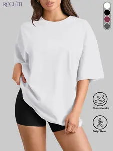 Recuiti Plus Size Women's Casual Loose Short Sleeve T-Shirt, Round Neck Pullover Sports Top, Active Top, Suitable for All Seasons, Fitness & Exercise