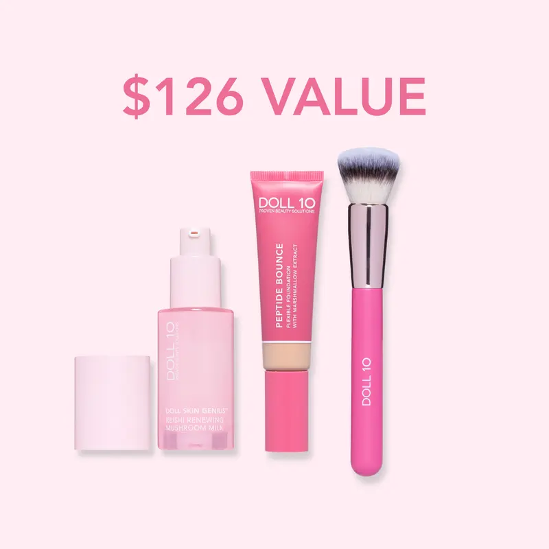 Prep and Coverage Bundle | Mushroom Milk, Peptide Bounce Flexible Foundation, Smoothing Complexion Brush