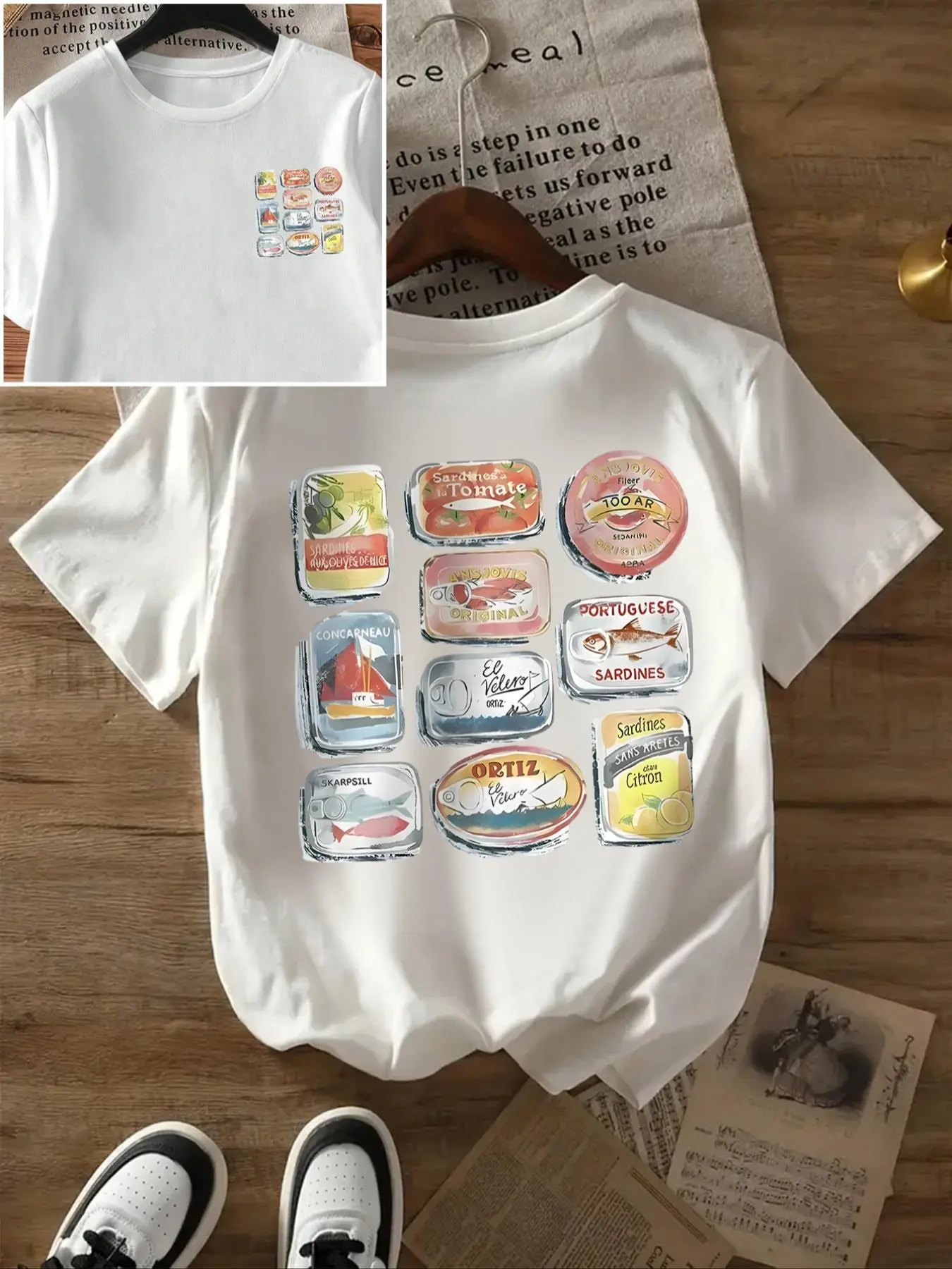 Women's Sardine Can Print Round Neck Tee, Vintage Trendy Casual Coastal Aesthetic Short Sleeve Fitted T-shirt for Daily Wear, Ladies All Seasons, Top, Womenswear, Crewneck