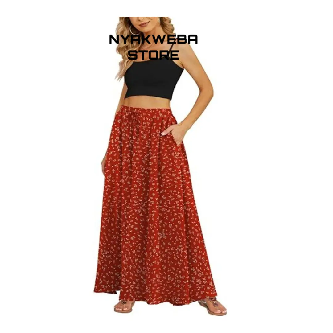 NYAKWEBA STORE Women's High Waist Floral Print A-Line Flowy Maxi Skirt with Side Pockets & Adjustable Drawstring Elastic Waistband