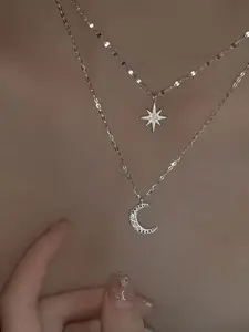 New Trendy Star Moon Necklace for Women, Unique Design Style, Elegant Collarbone Chain, Perfect Gift for Girlfriend
