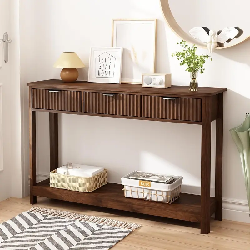 PieDle Furniture Fluted Console Table with Drawers, Modern 47.1" Entryway Table with Storage Shelf, Boho Narrow Skinny Behind Couch Wood Sofa Table for Living Room Hallway Entrance Foyer