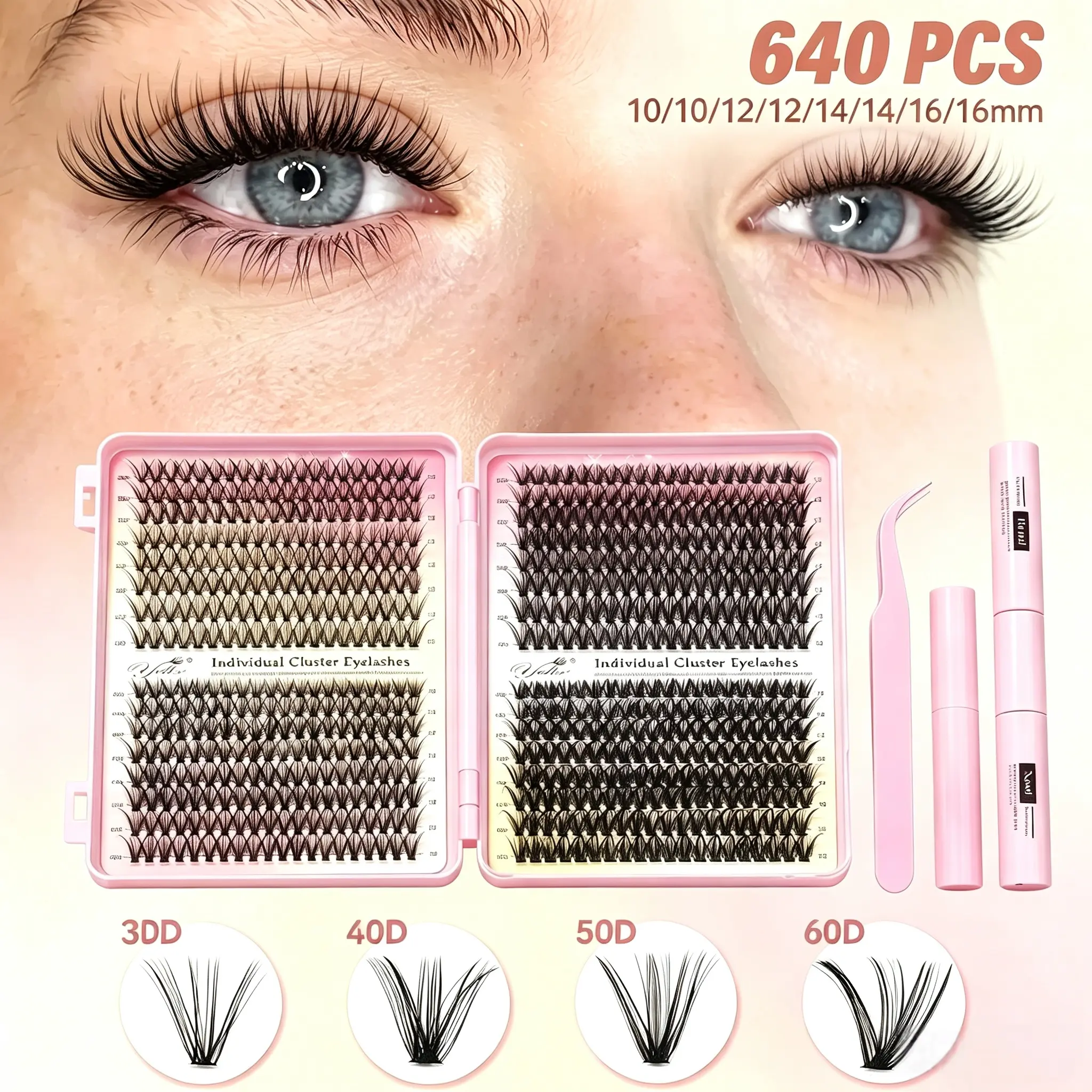 640 Pcs DIY False Eyelashes Set with Bond and Seal & Remover & Tweezers&Eyelash Curler, 30D/40D/50D/60D, 10-16 mm Beauty Eyelash Clusters, Natural Look,  Different Lengths, Includes Glue & Tweezers, Perfect for Eye Makeup