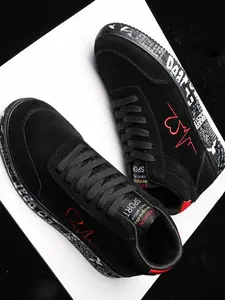 High-Top Lace-Up Shoes - Heart & ECG Print, Graffiti Text Chunky Sole, Soft Comfortable Material, Secure Lace-Up Fit, Versatile for Daily Wear, Street Style & Casual Outings, Stylish Eye-Catching Footwear