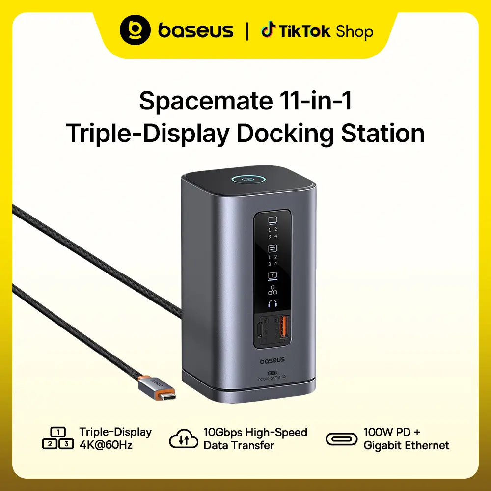Baseus Spacemate 11-in-1 Docking Station, Aluminum Body, 10Gbps Speed, Fast Charge, Triple Display Compatibility for Windows PC