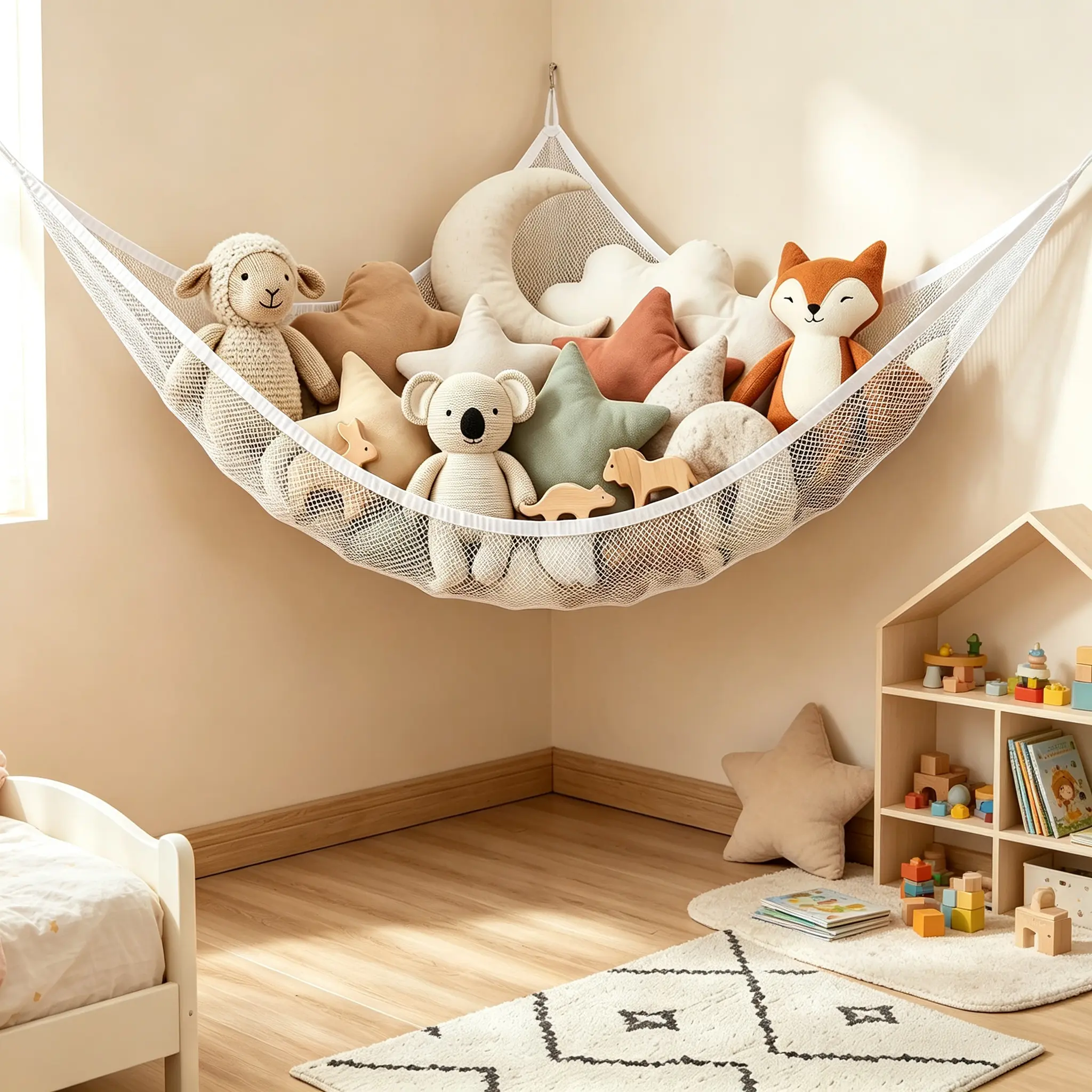 Large Adjustable Wall Hanging Mesh Storage Hammock, Corner Wall Mount Storage Net Organizer, Hanging Net Holder for Stuffed Animals, Clothes, Pillow, Light Blankets, Bedroom Space Saving Storage Ideas