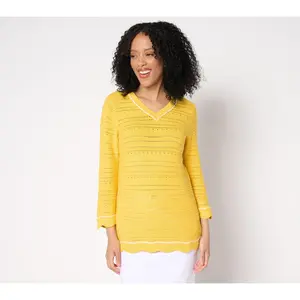 Denim & Co. Beach 100% Cotton 3/4 Sleeve V-Neck Sweater