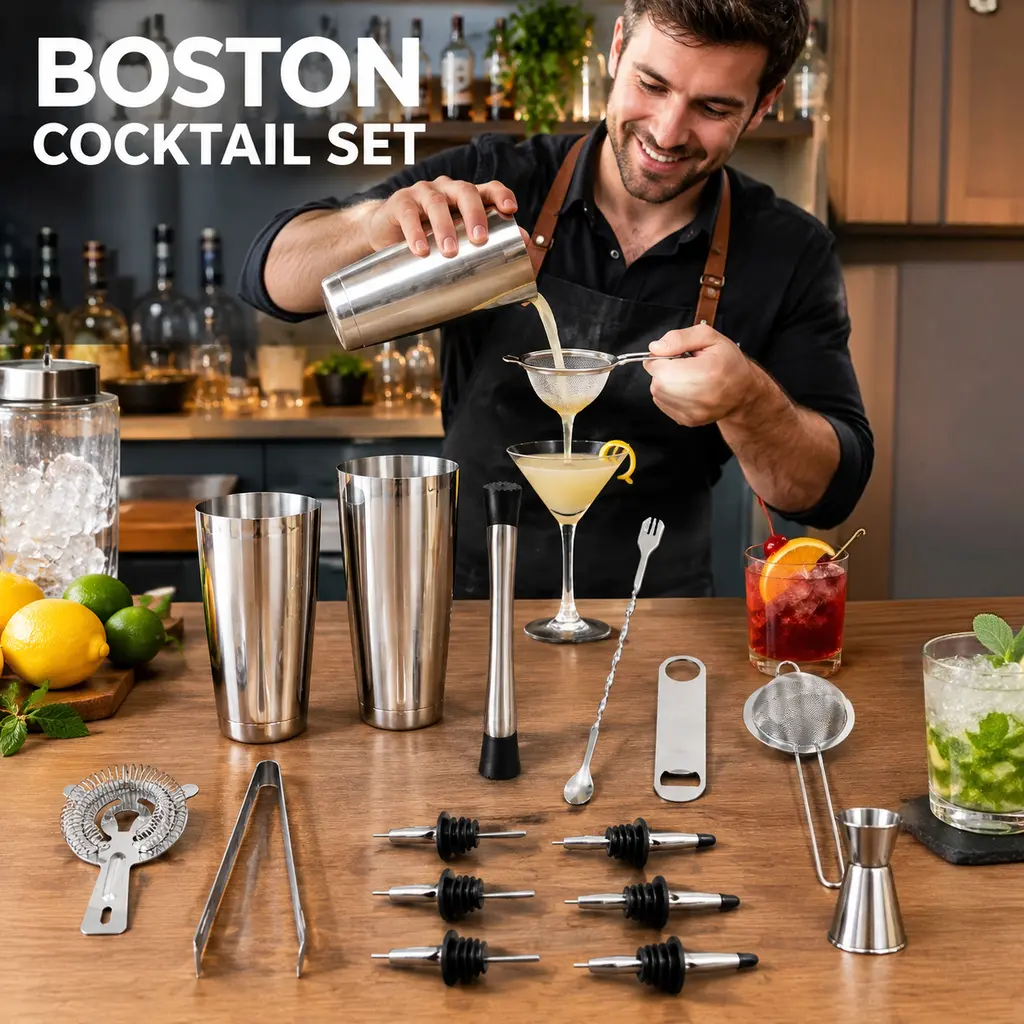 Stainless Steel Boston Bartending Set 15 Pieces, Complete Barware Accessories Kit for Home Drink Preparation, Housewarming Gift