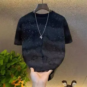Summer New Luxury High-Quality Men's Starry Sky Short Sleeve T-Shirt Trendy Sequin Gradient Ripped Crew Neck Top Graphic Tee Streetwear Casual Crewneck