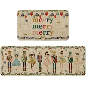 Watercolor Nutcrackers Merry Christmas Decorative Kitchen Mats Set of 2, Home Party Low-Profile Kitchen Rugs - 17x29 and 17x47 Inch