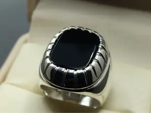 Square Shape Natural Black Agate Mens Ring | Sterling Silver 925 Handmade Aqeeq Plain Ring